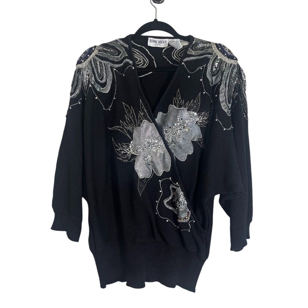 Vintage Floral Knit Sweater 2X Black Beaded Sequin Whimsical Retro Mod Neutral